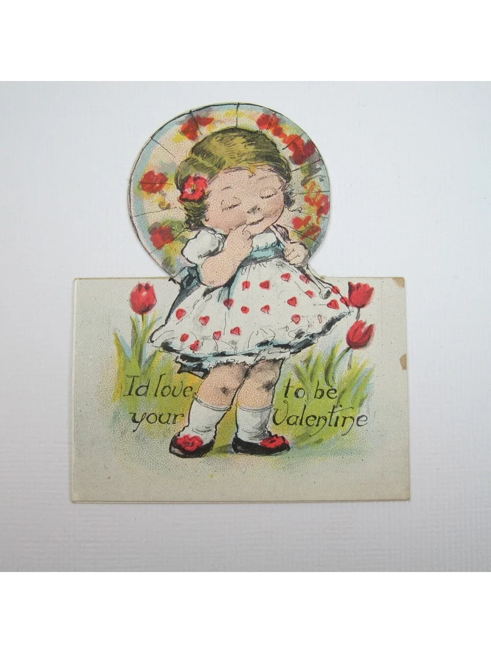 Vintage Valentine Cutout Card Stand Up Blonde Girl Parasol 1920s-30s UNSIGNED